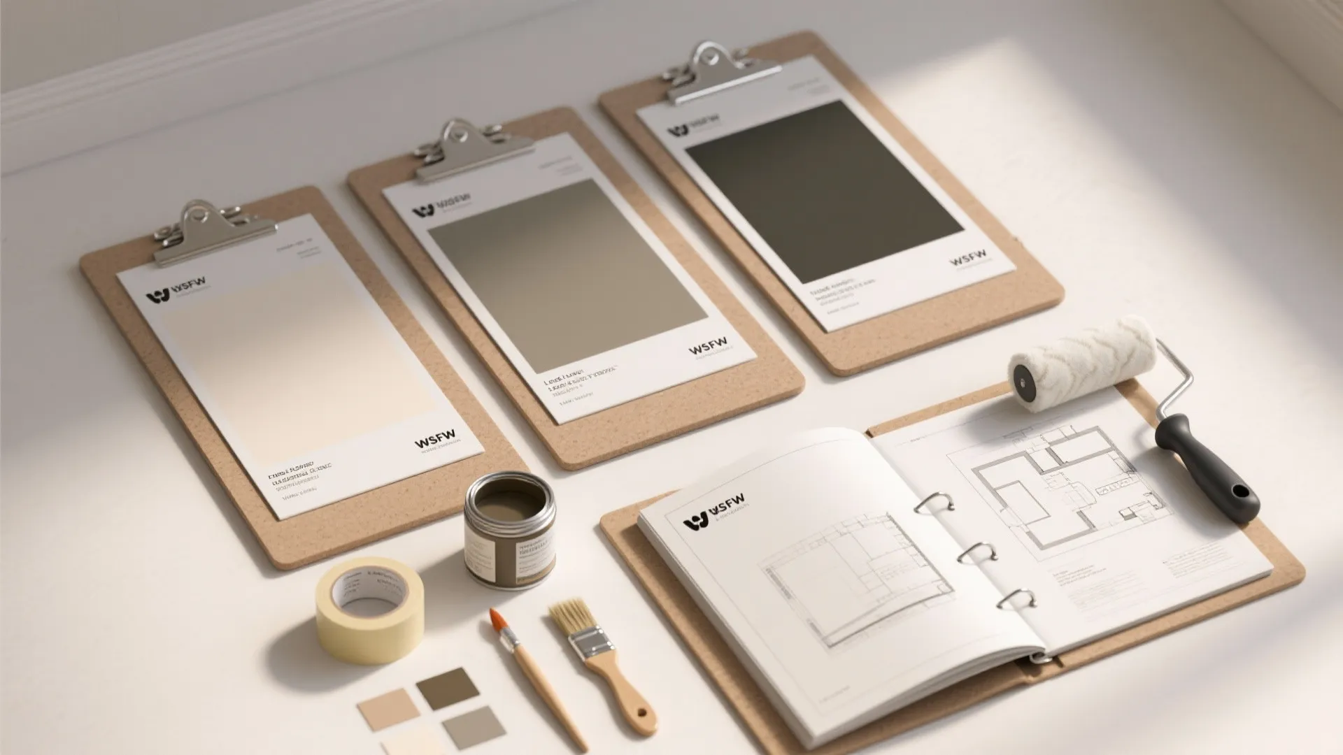 Interior design tools with paint color swatches on clipboards plus paint roller and floor plan