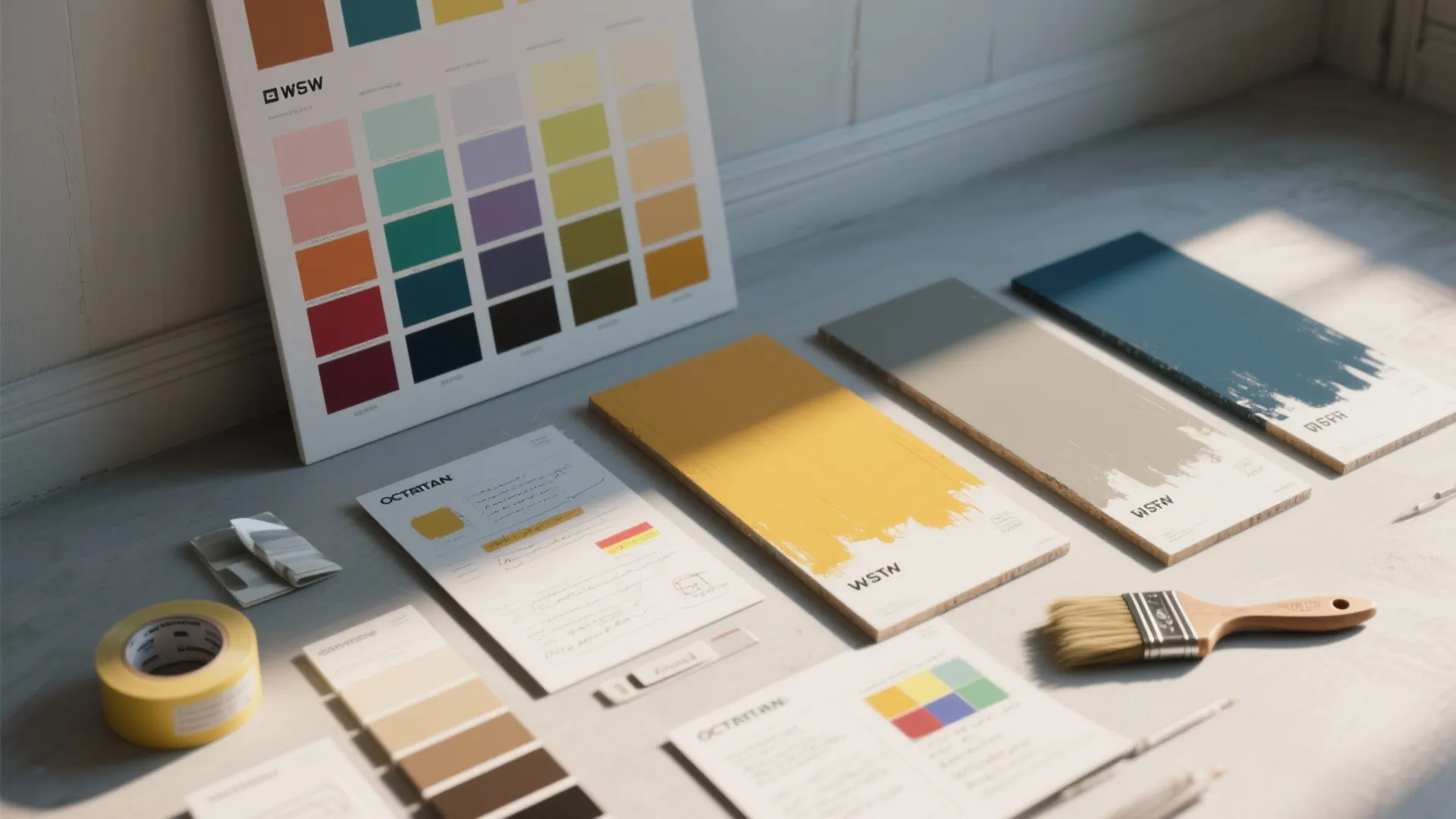 Flatlay of large paint swatches, sample boards, tape, brushes and lighting study notes for testing colors.