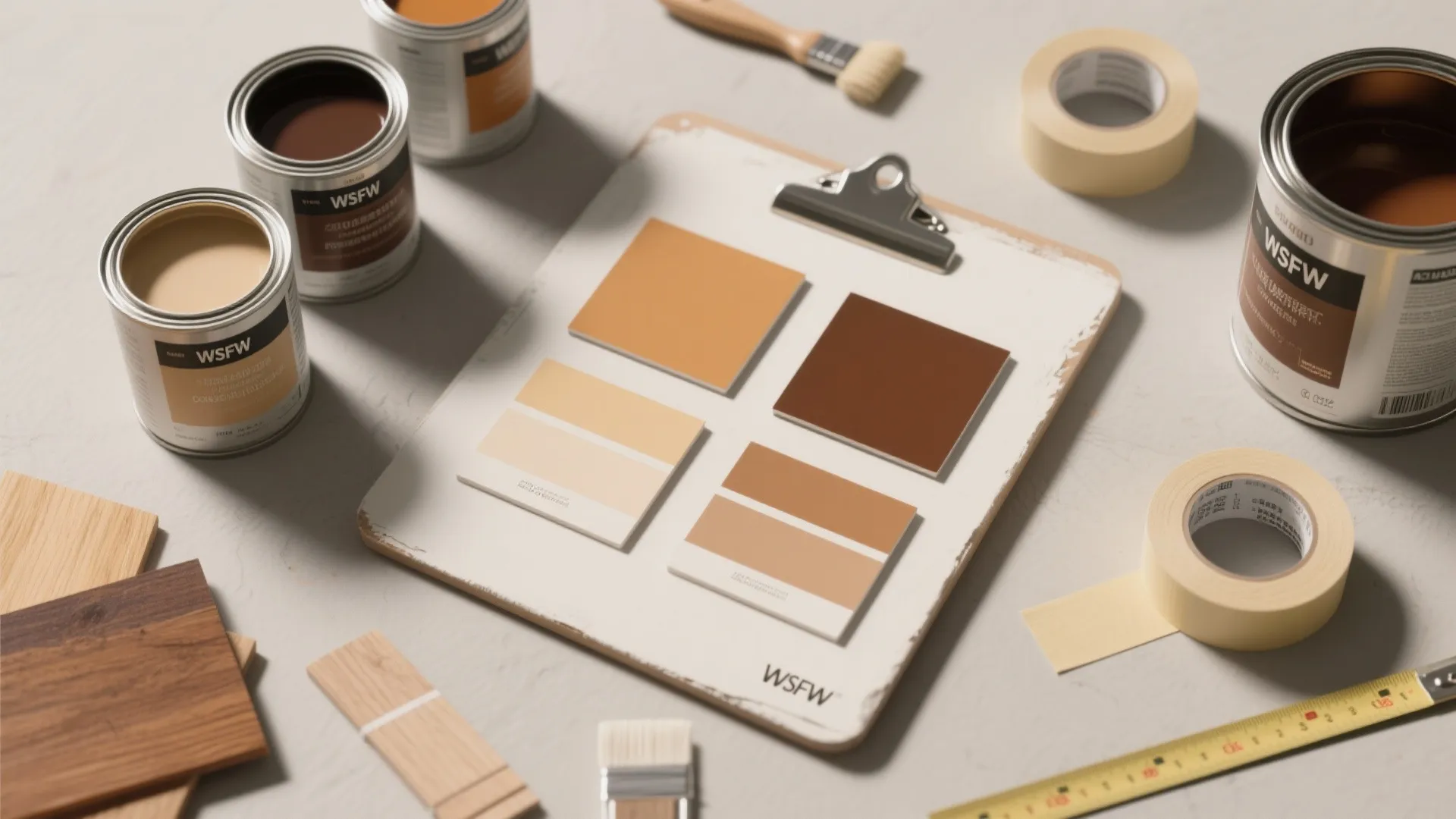 Home renovation paint samples on a clipboard with paint cans tape brushes and wood flooring