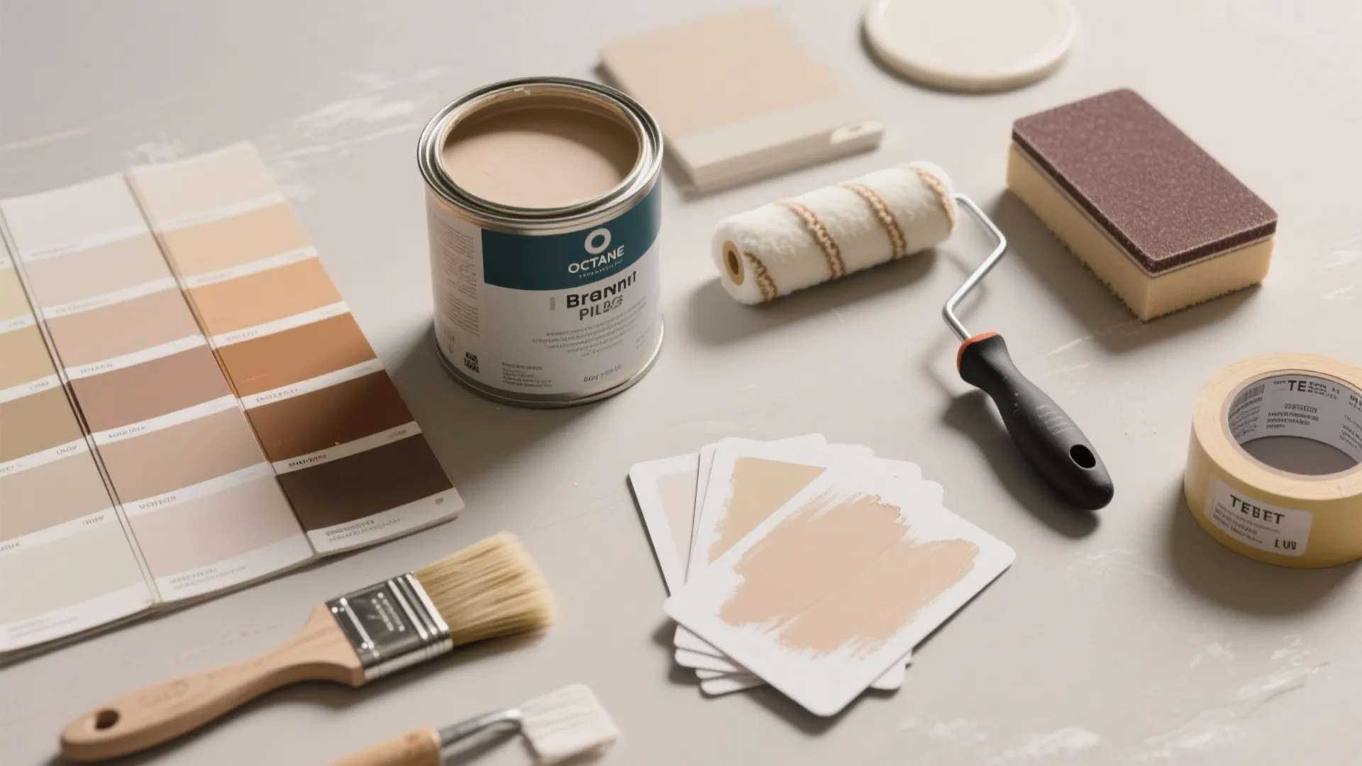 Home painting tools including paint can color swatches roller brush tape and sponge on grey surface