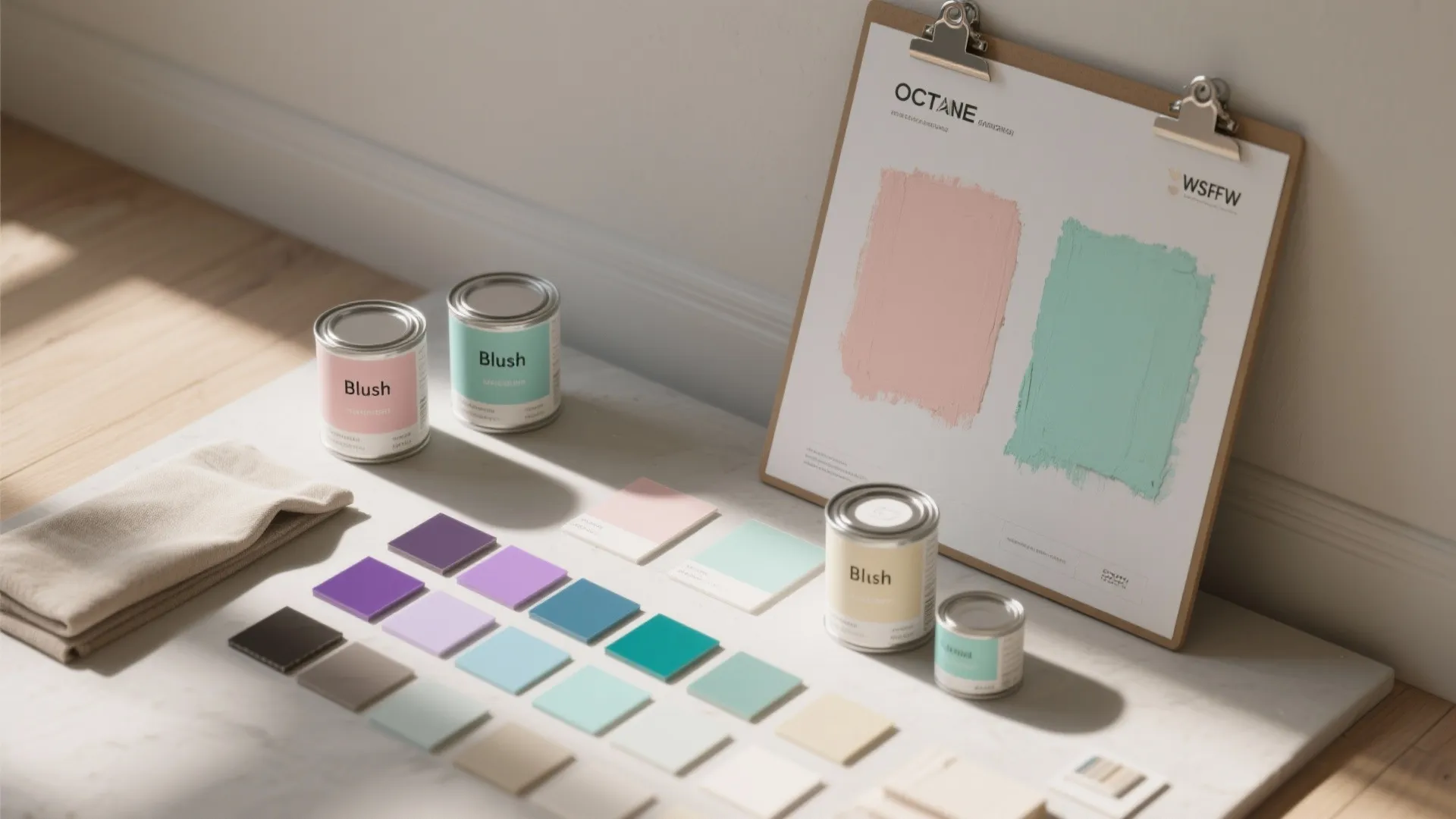 Top-down flatlay of paint poster-board swatches, 2x2 foot test patches, paint cans and fabric samples for color testing.