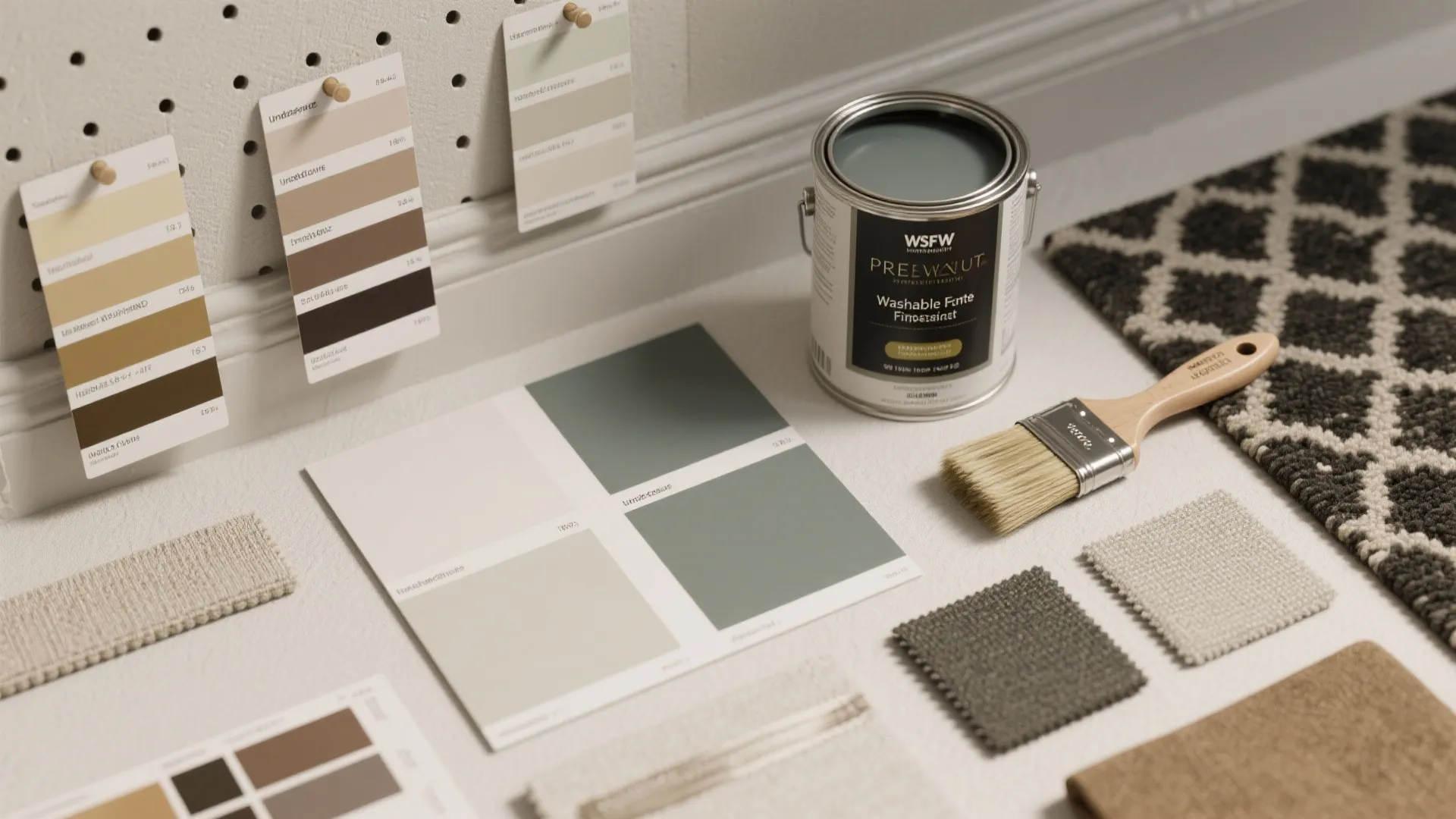Flatlay of paint swatches, sample cards, brushes and fabric samples for testing greys