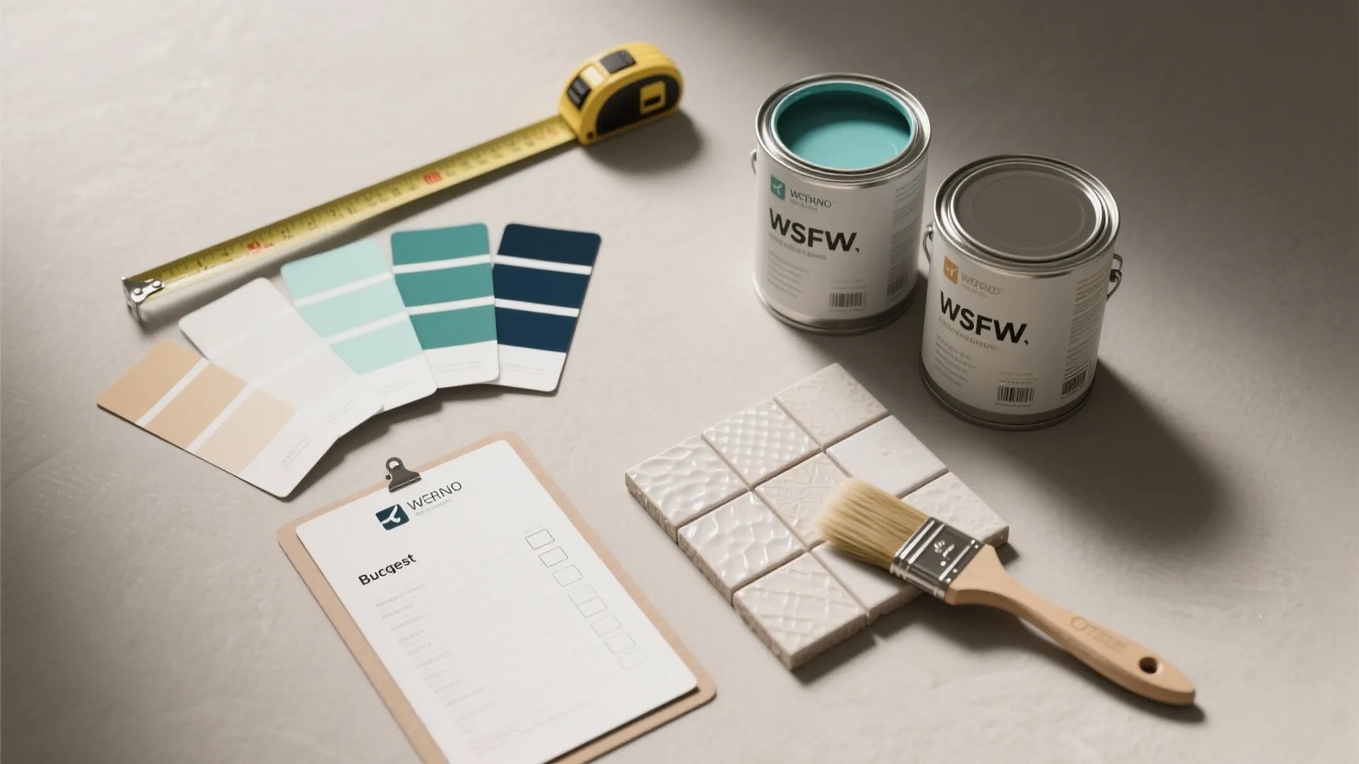 Flatlay of paint swatches, measuring tape, sample cans and checklist for bathroom paint planning.
