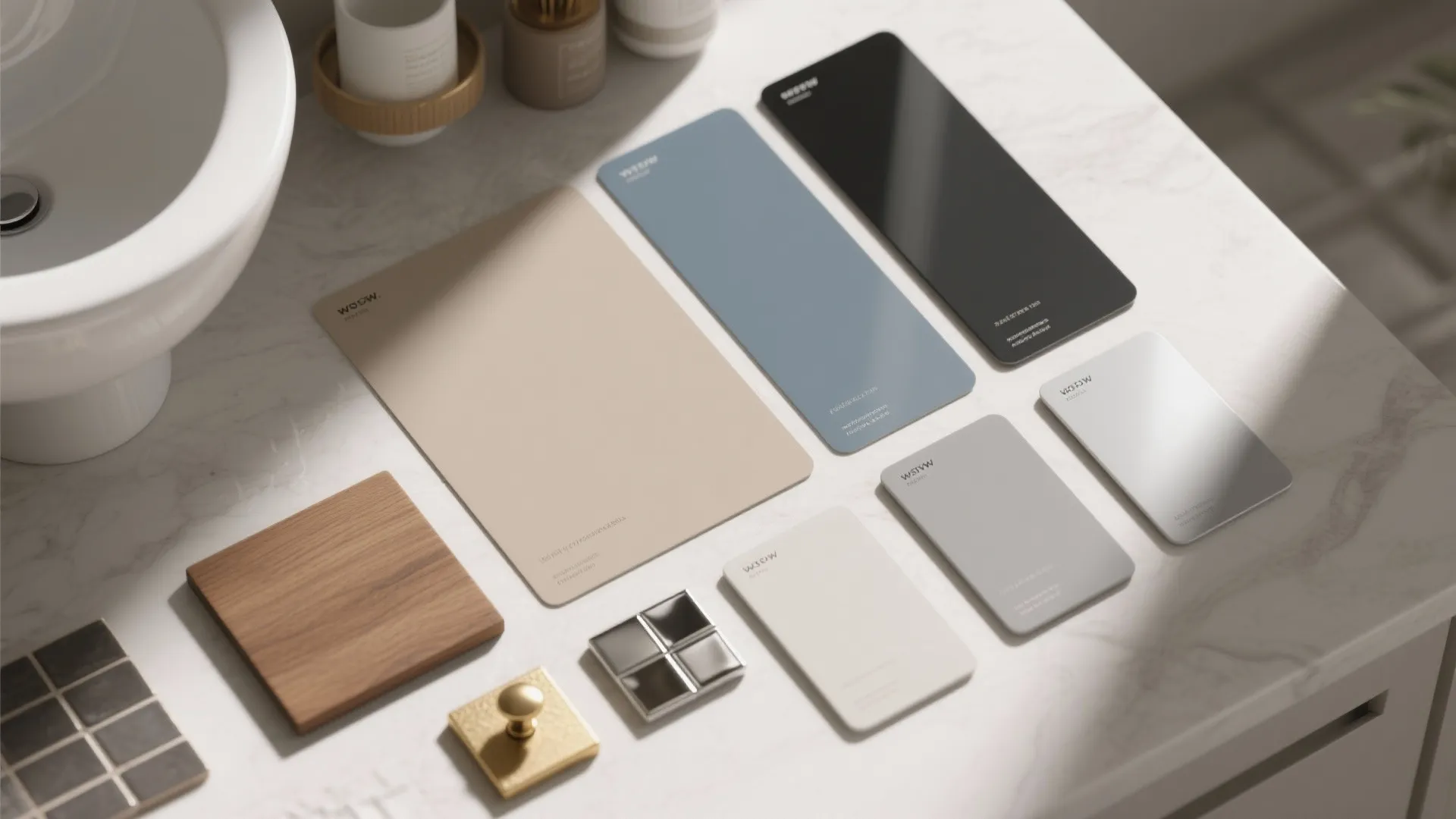 Interior design material board with various color paint swatches wood sample and small metal tiles