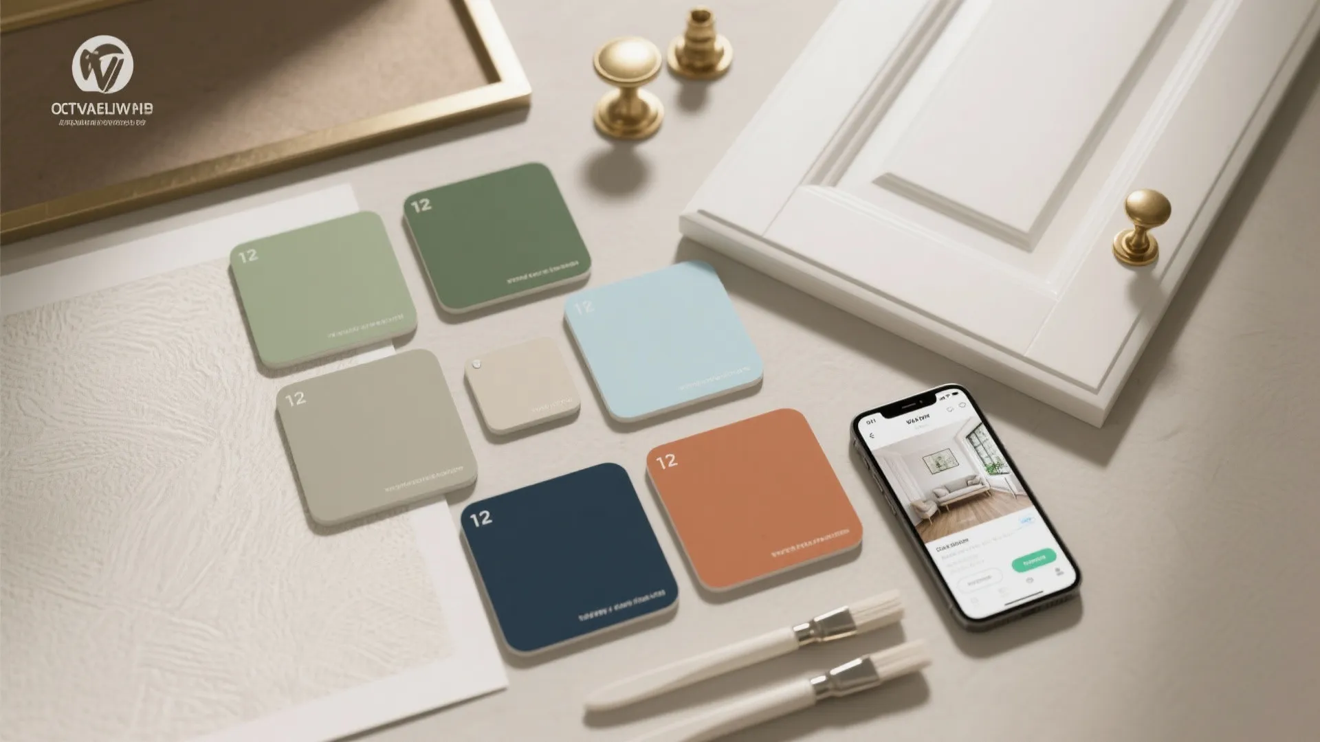 Top-down flatlay of paint swatches, cabinet sample, and hardware for testing kitchen colors