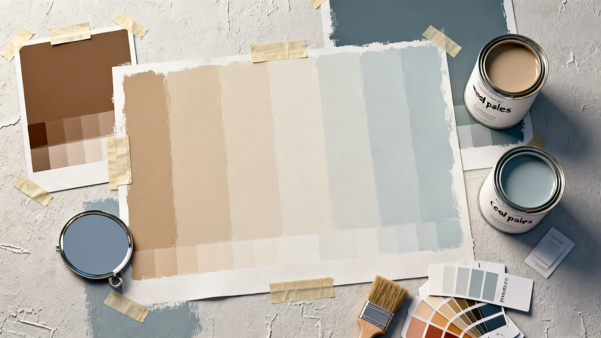 Top-down flatlay of paint swatches, sample cards and tools for testing colors