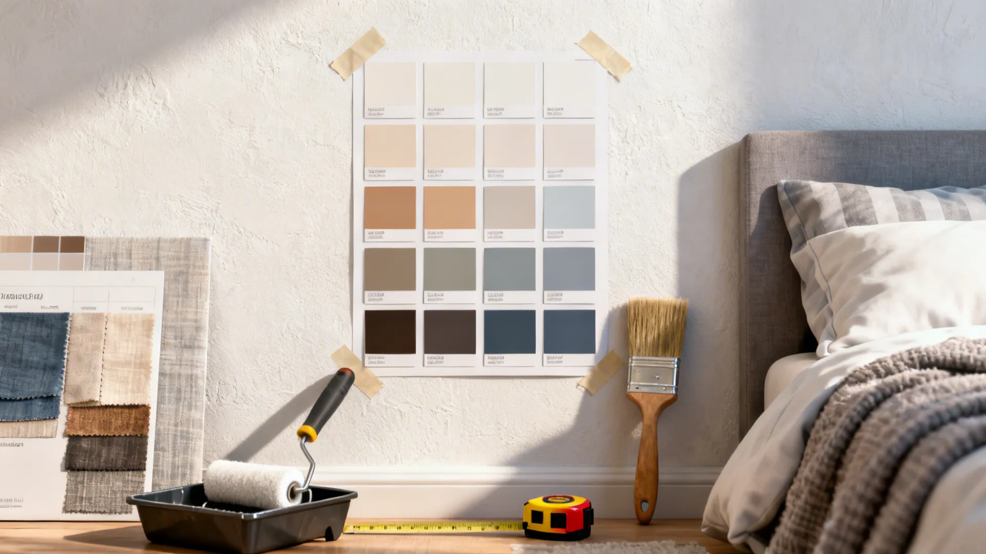 Flatlay of paint swatches, tools, and fabric samples for testing accent wall colors