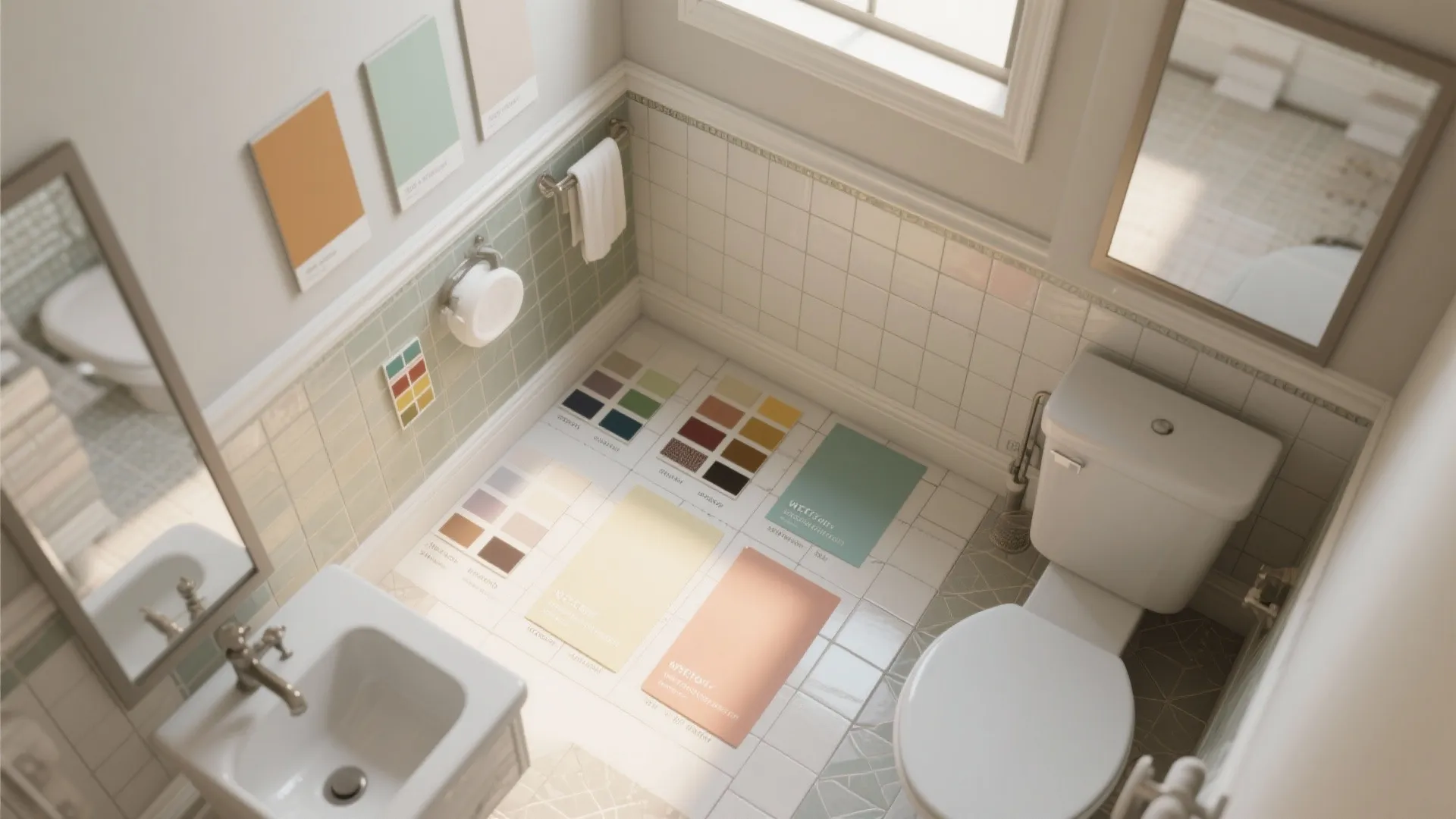Top-down bathroom layout with paint swatches and tile samples for testing finishes