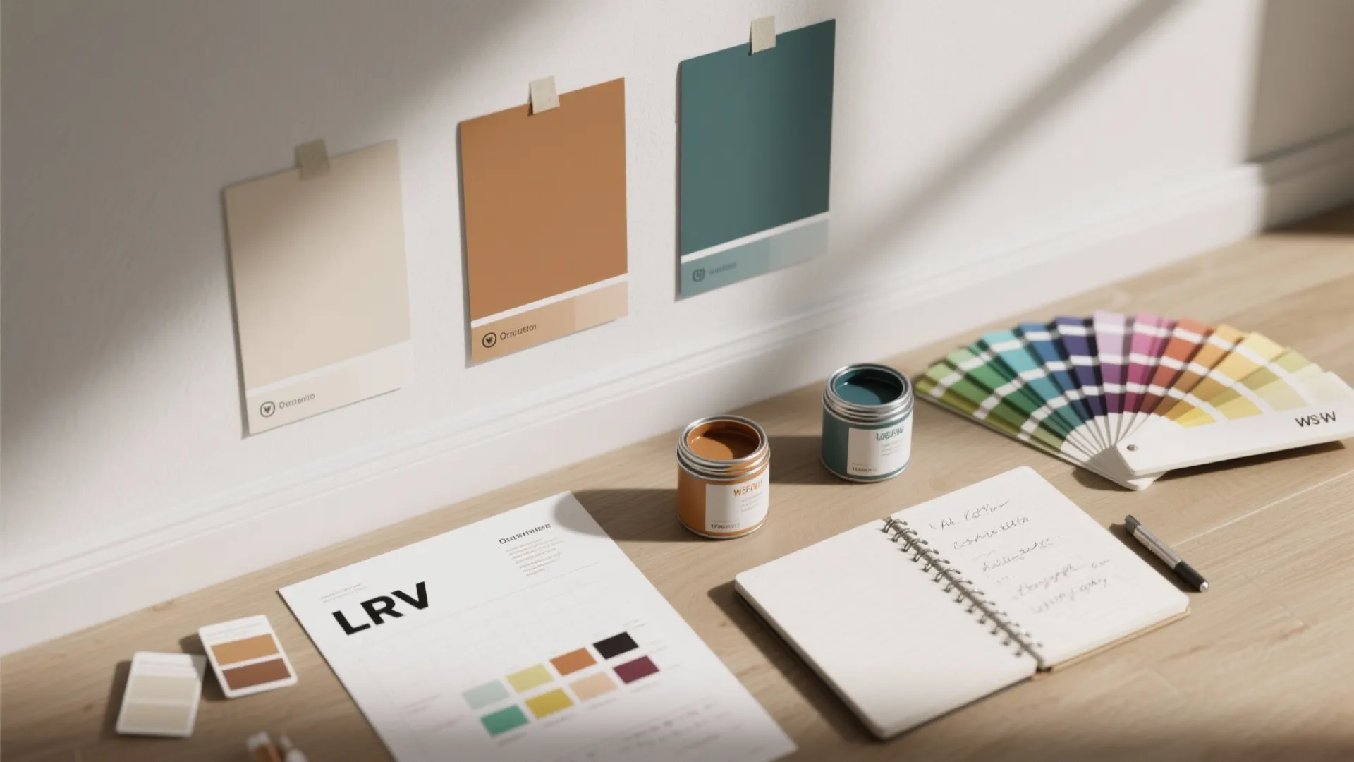 Interior design mood board with paint cans color swatches notebook and light samples on wooden floor