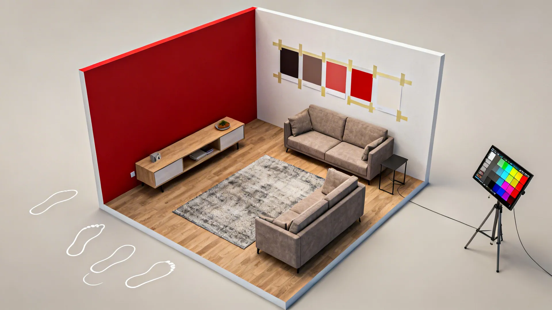 Top-down room planner mockup with red accent wall and paint swatches for testing