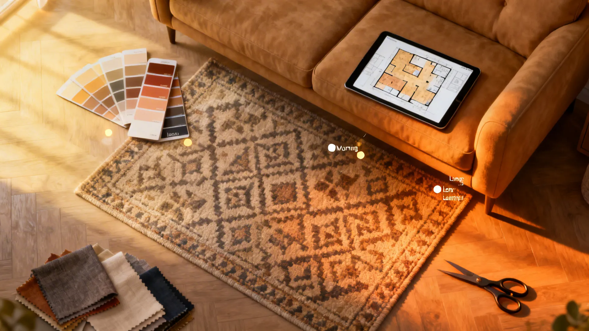 Interior design mood board with tan sofa tablet showing floor plan color swatches and fabric