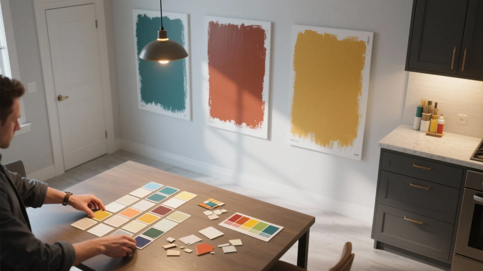 Interior designer selecting paint color swatches on wooden table for kitchen wall renovation project planning