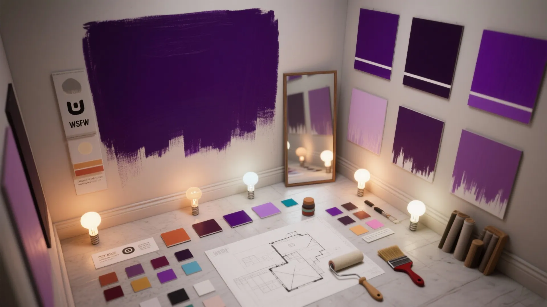 Top-down view of paint swatches, light bulbs, and testing tools showing how dark purple shifts under different lights.