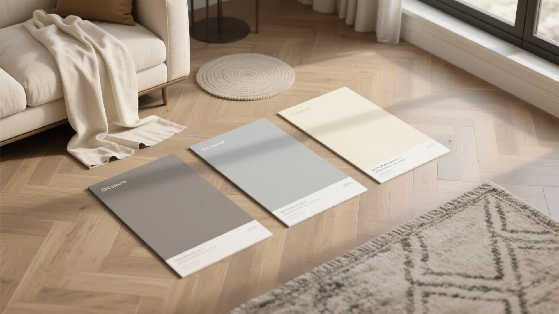 Three different paint color cards placed on wooden floor next to a white sofa indoors