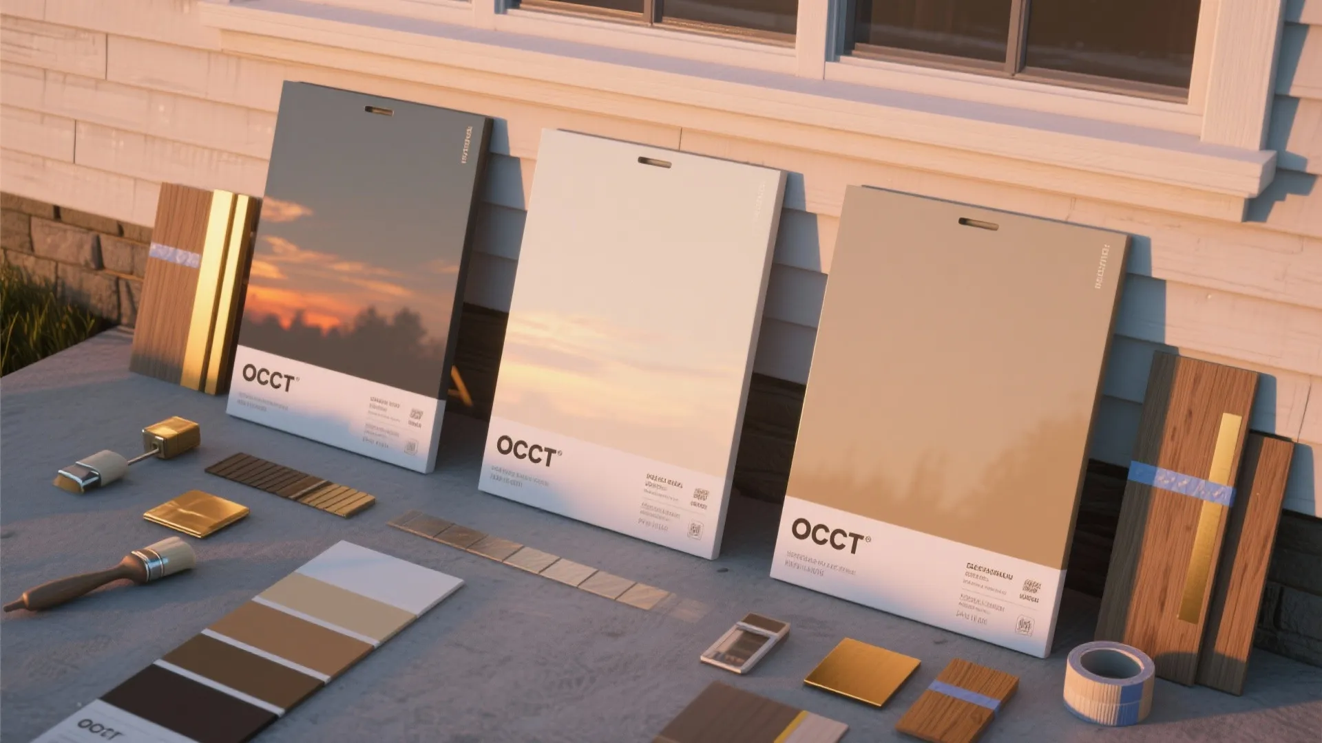Three large paint sample boards showing sheen and color differences in sunrise and sunset light with wood and brass samples.