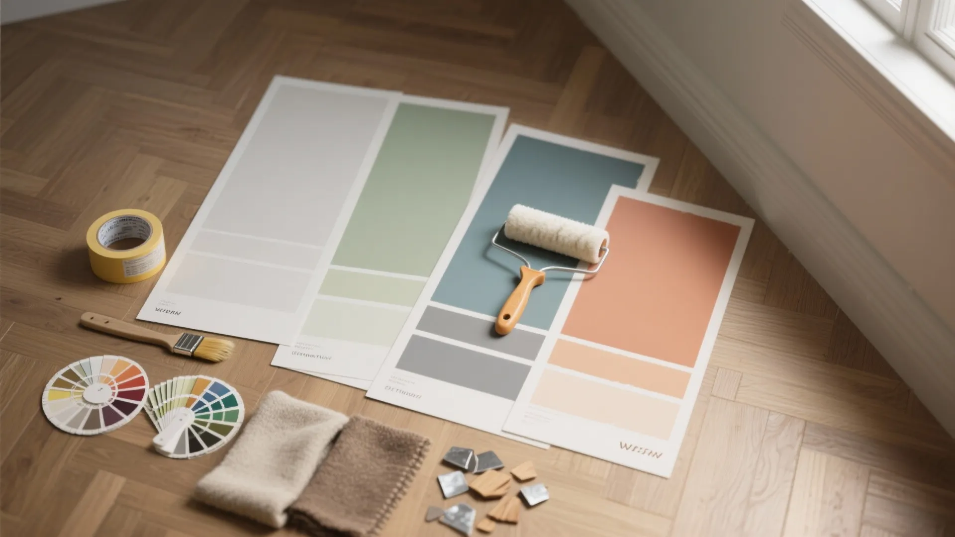 Variety of colorful paint swatches with roller and brush placed on light wood floor surface