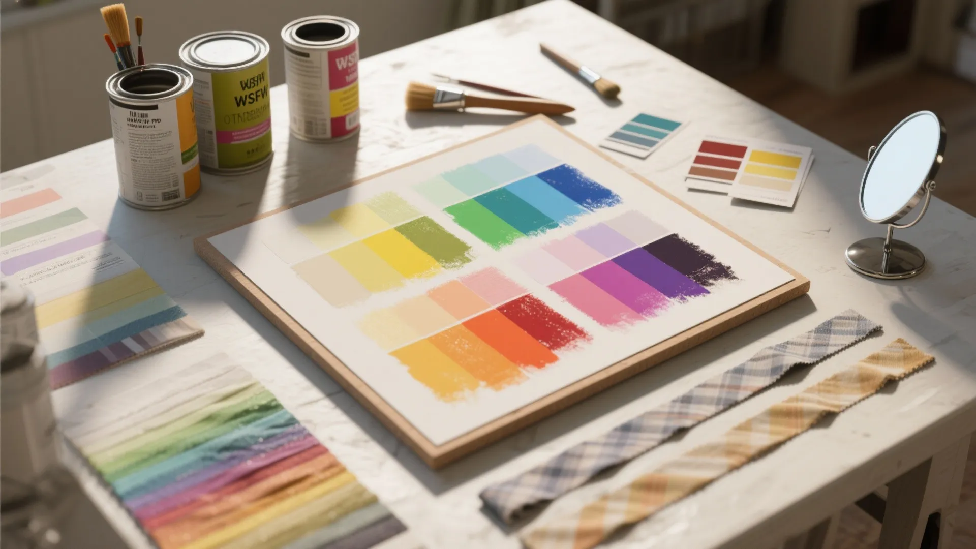Top-down view of painted swatches, brushes and sample fabrics for testing gray tones
