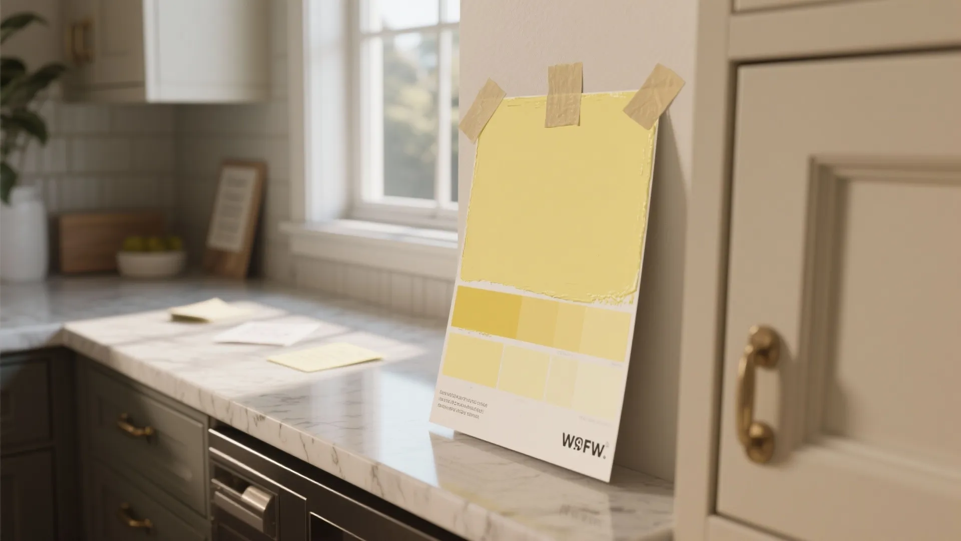 Paint swatch of butter yellow taped near a countertop showing color under natural light.