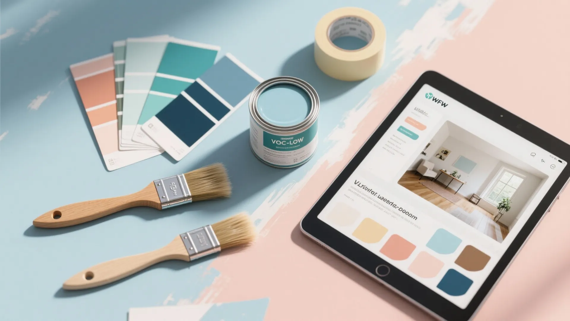 Blue paint can with brushes, color cards, tape, and tablet showing interior design room project