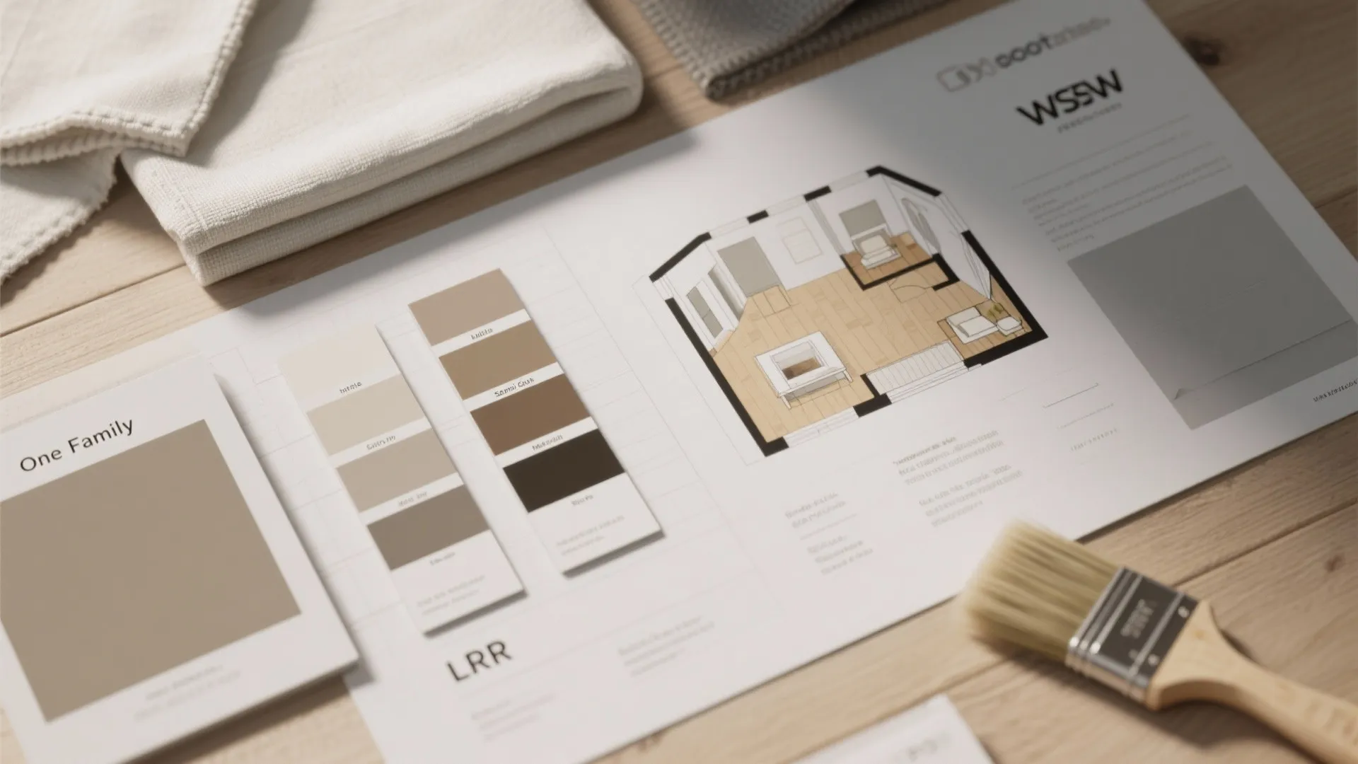 Interior design drawing with beige paint swatches and color samples on a light wooden table