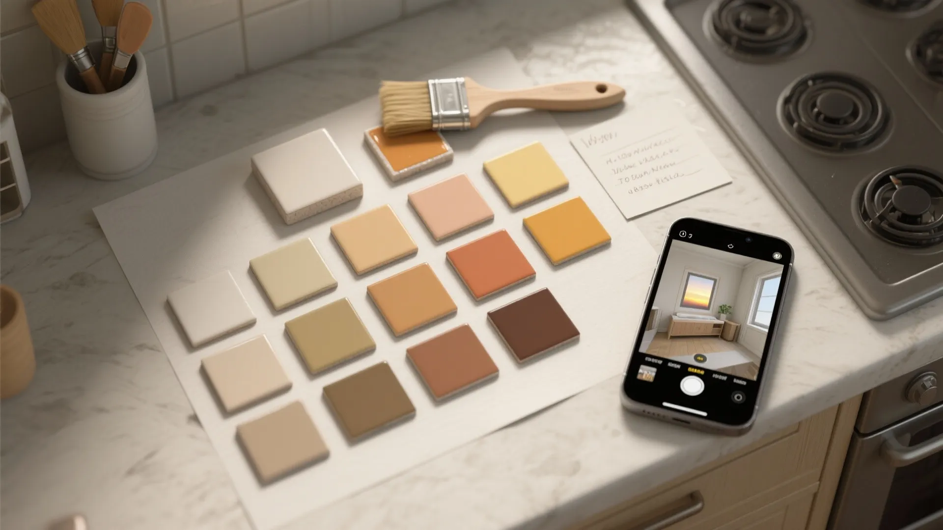 Neutral color tiles on kitchen counter with wooden paintbrush and smartphone showing room design interior