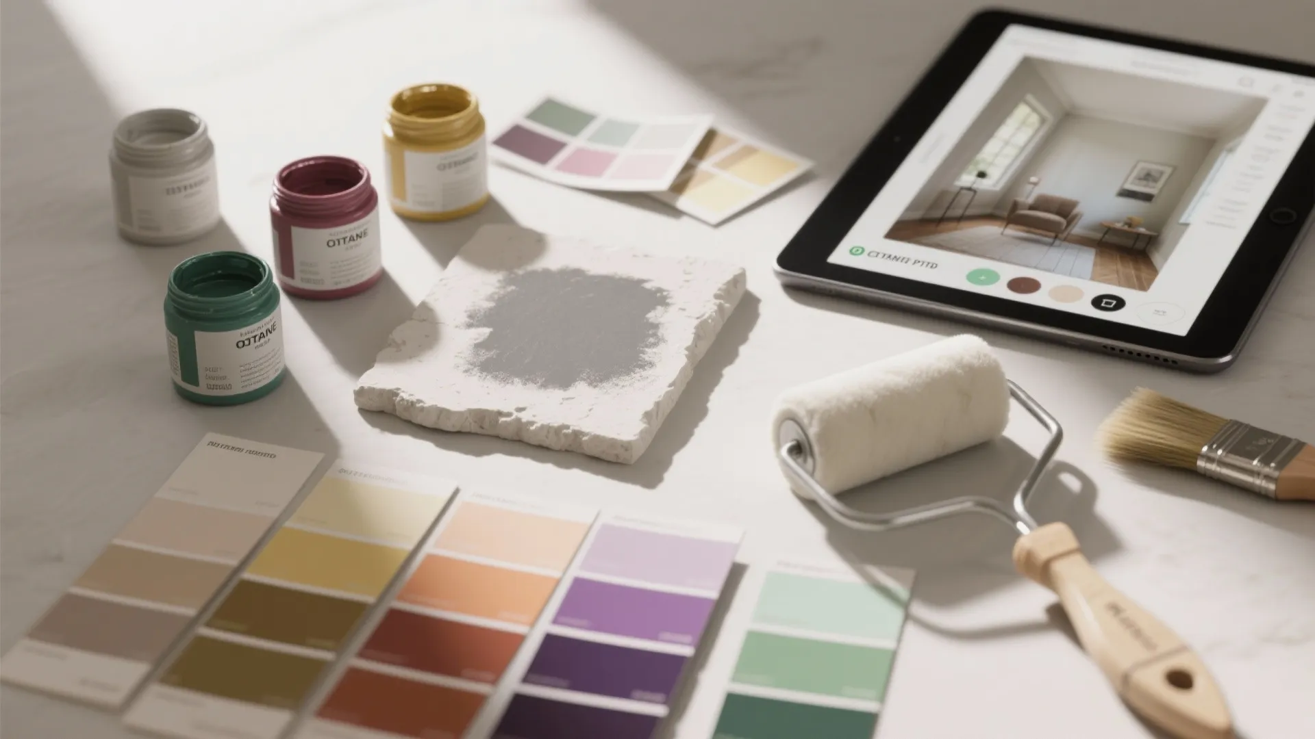 Interior design planning with paint cans plus color swatches and paint roller beside a tablet