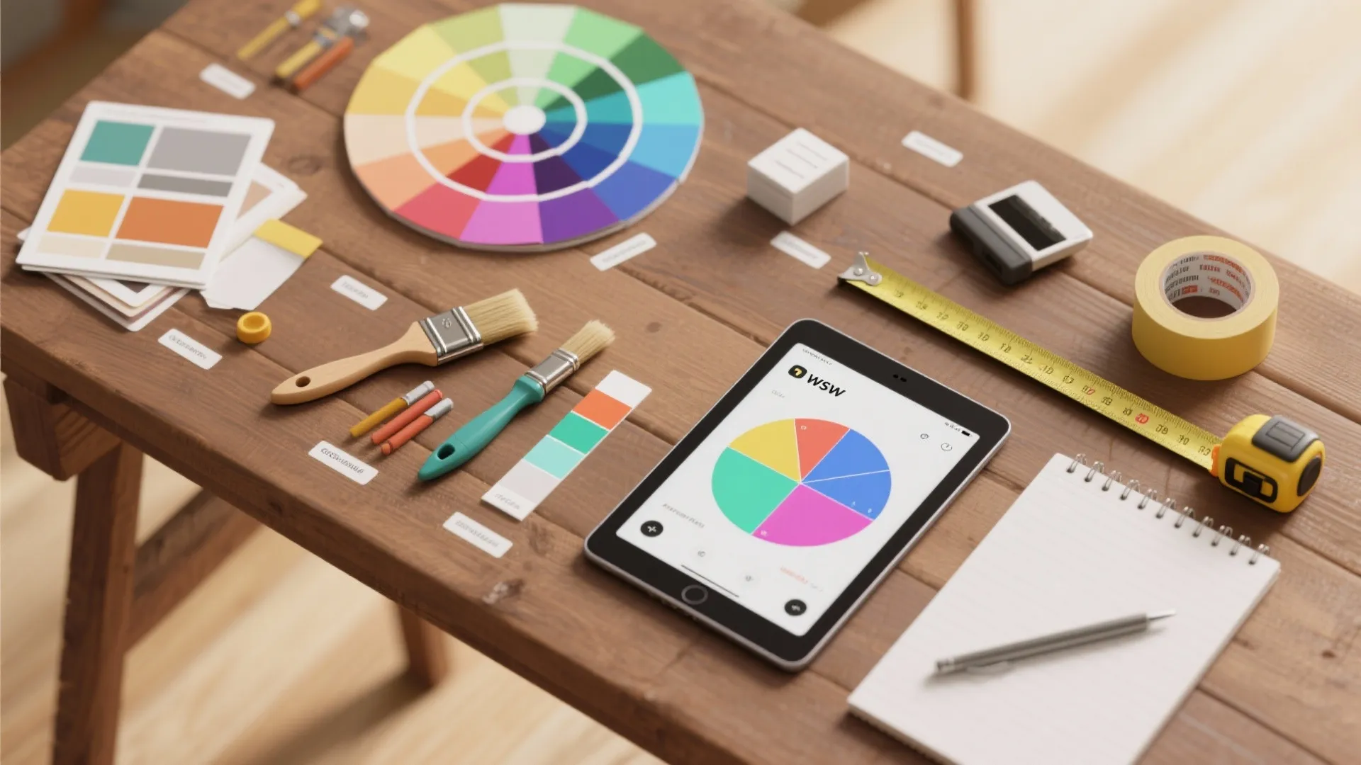 Top-down view of paint swatches, brushes, and a tablet for exterior paint planning.