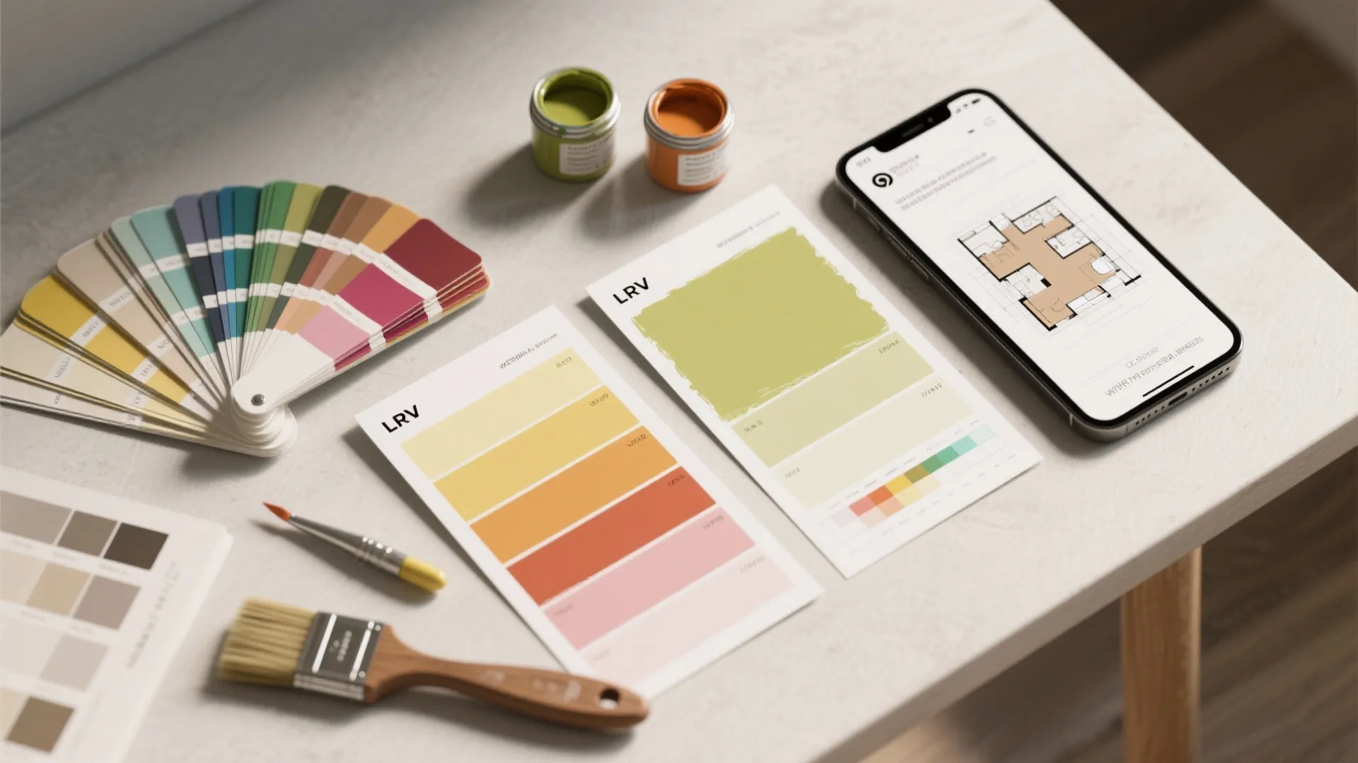 Color paint swatches on desk with smartphone showing floor plan and a wooden paint brush