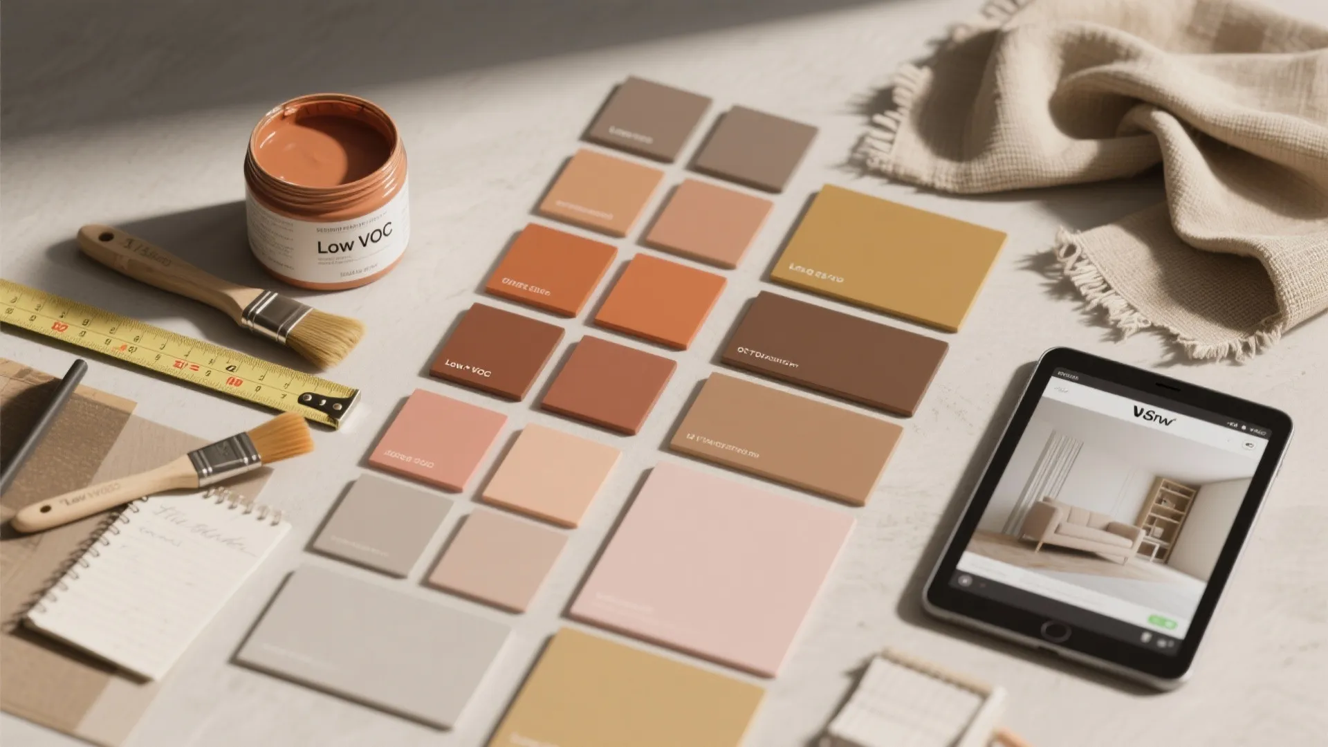 Interior design mood board with paint cans brushes color swatches and a tablet showing furniture layout