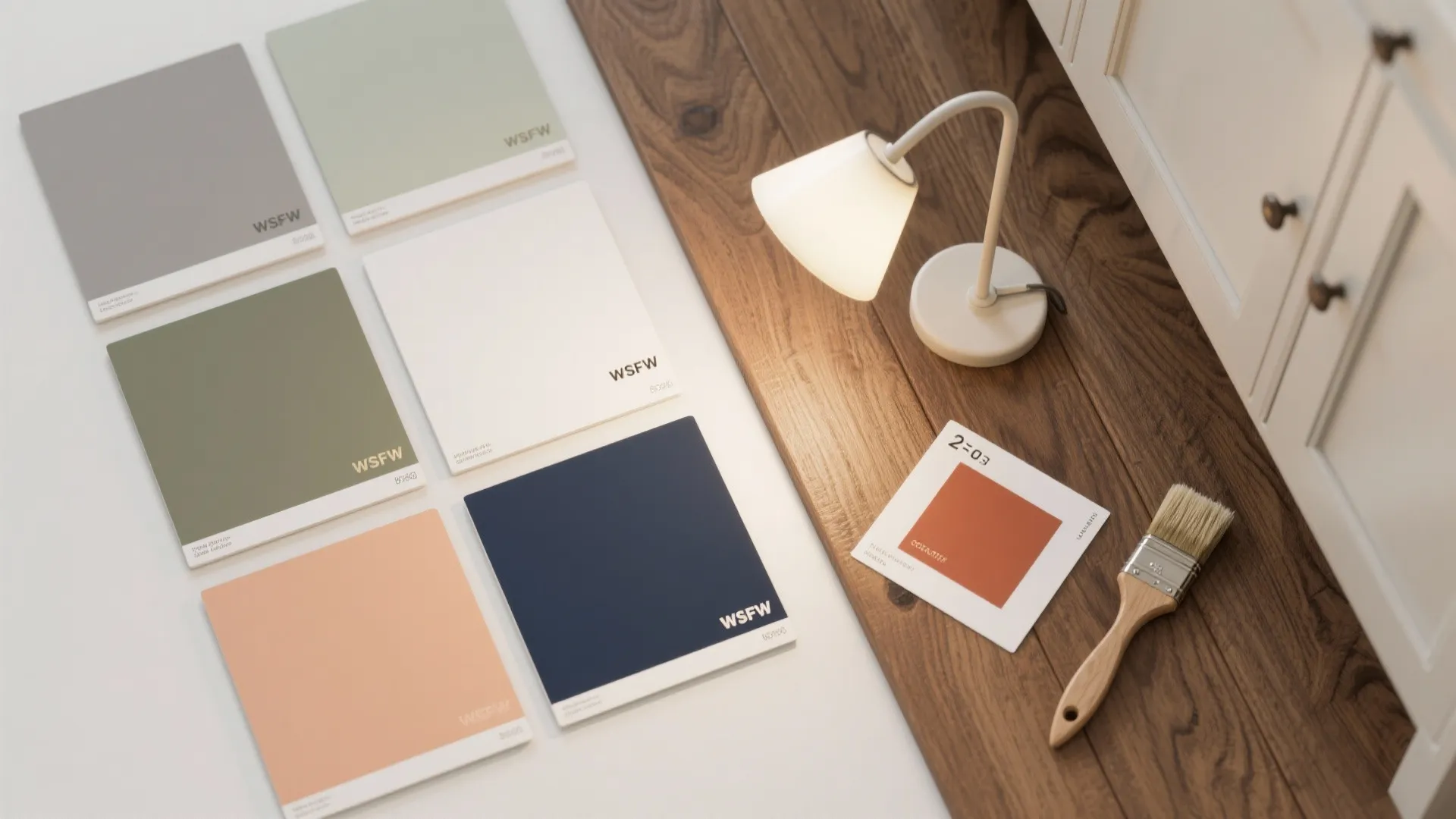 Colorful paint swatches on white surface next to wood floor with table lamp and brush