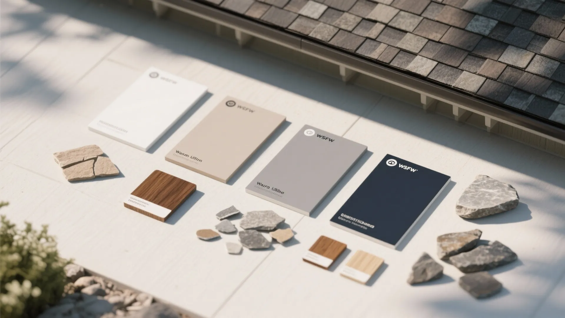 Top-down flatlay of exterior paint swatches, trim chips, and wood samples for comparing white undertones.