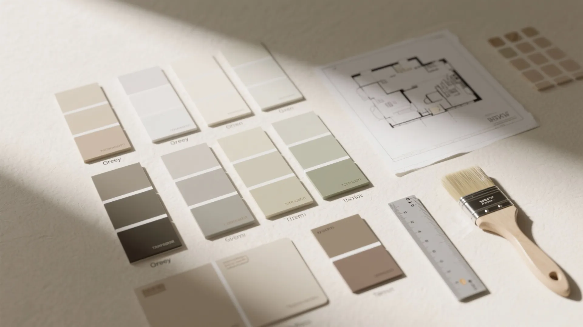 Neutral paint color samples on a table next to a room layout drawing and brush