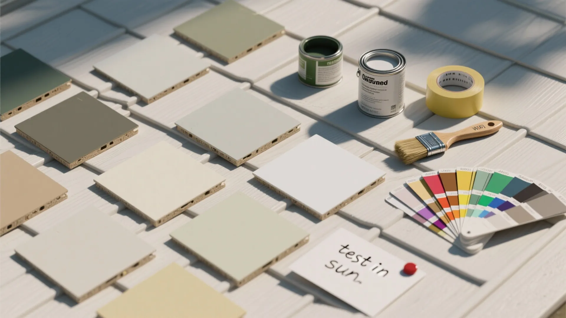 Top-down flatlay of paint swatches, vinyl siding test patches, brushes, and color fan deck for exterior testing.