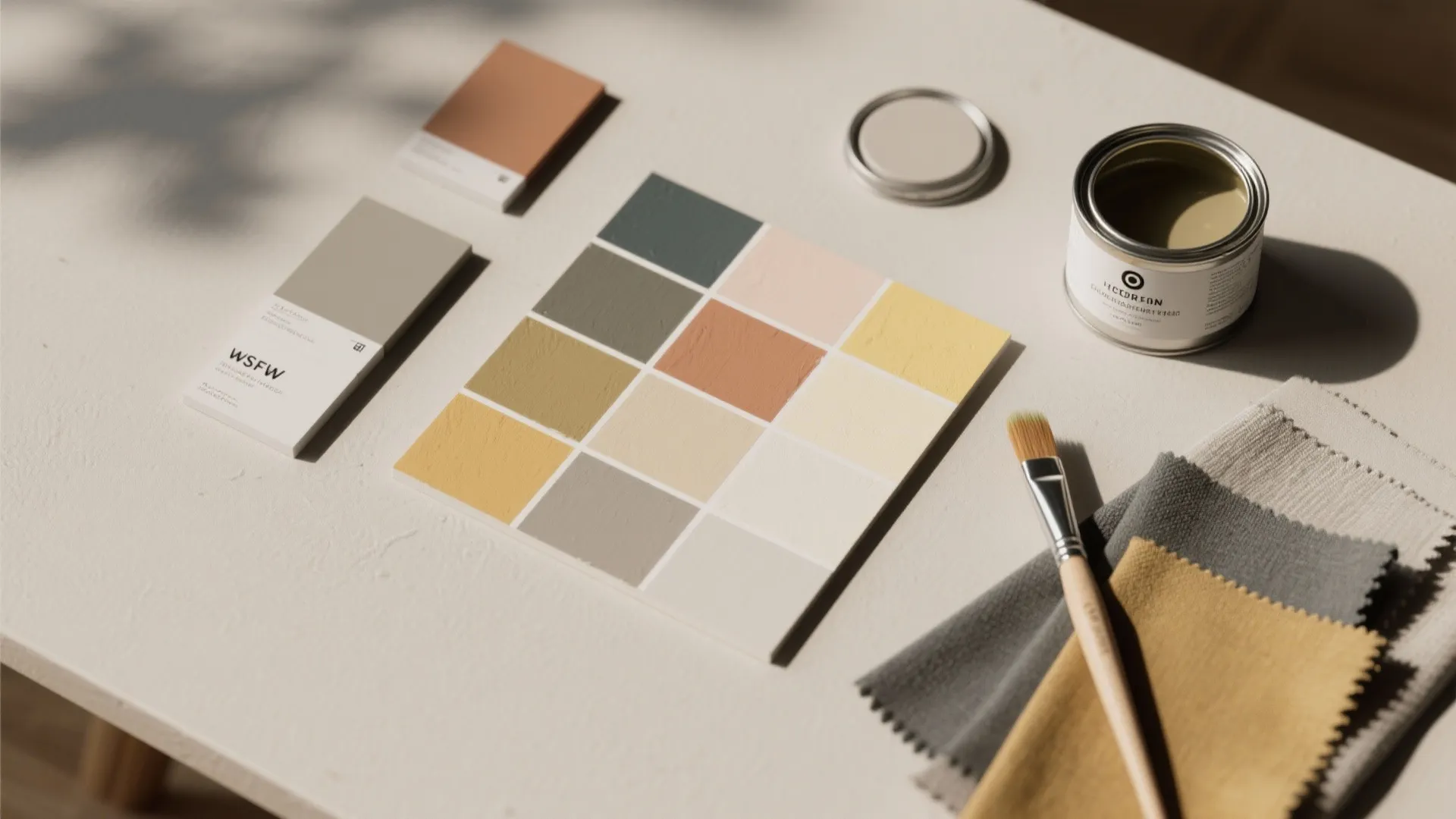 Flatlay of a 12x12 wall swatch, paint chips, brushes and fabric samples for color testing.