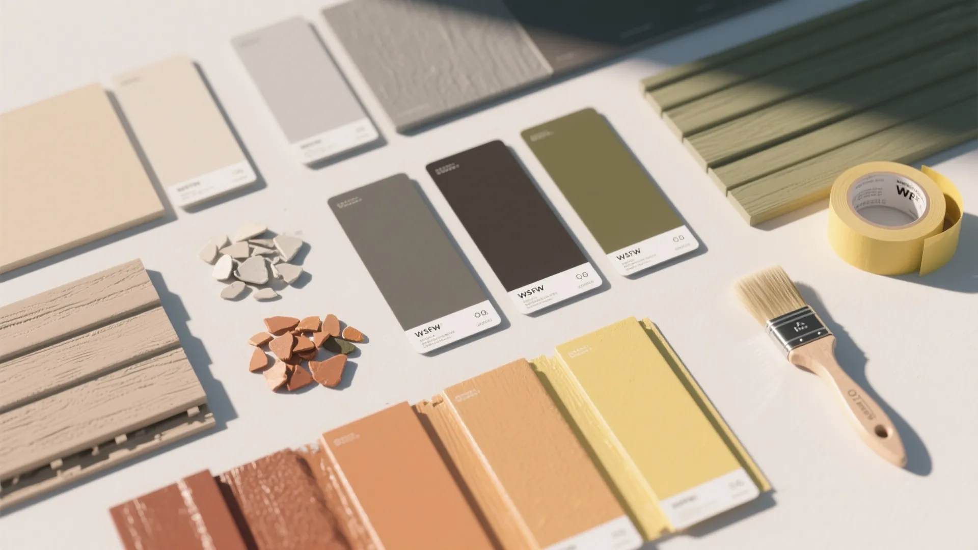 Various paint color swatches with wood samples plus a paint brush and yellow masking tape