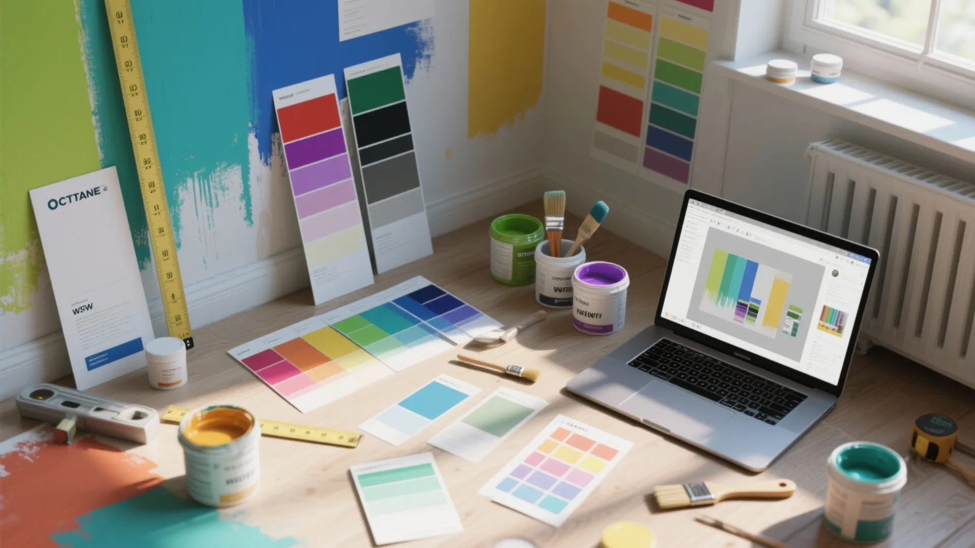 Top-down view of paint swatches, tester pots, tools, and a laptop showing a render for color testing.