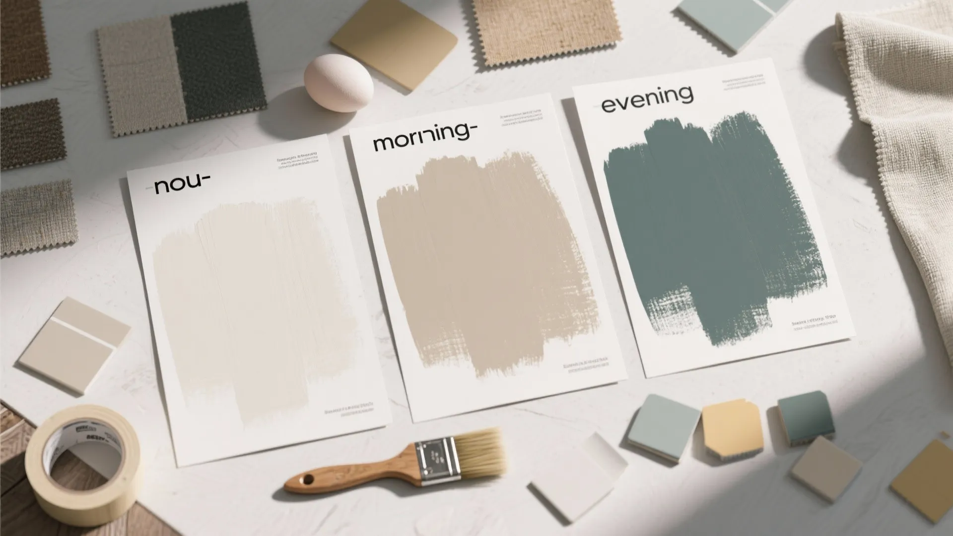 Three paper paint color swatches on a table with a wooden brush and fabric samples