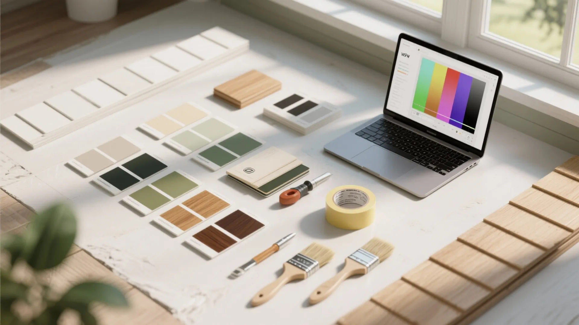 Desk with laptop showing color palette next to various paint swatches brushes and masking tape
