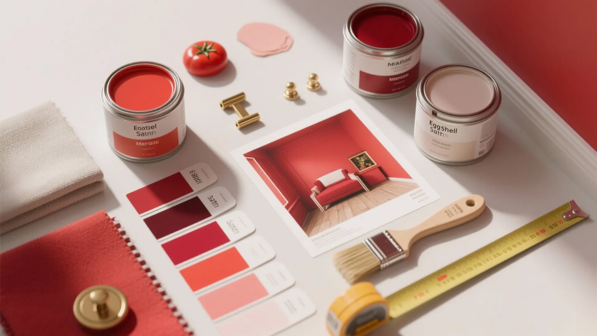 Top-down flatlay of red paint swatches, finish testers, fabric and hardware samples for small-space planning.