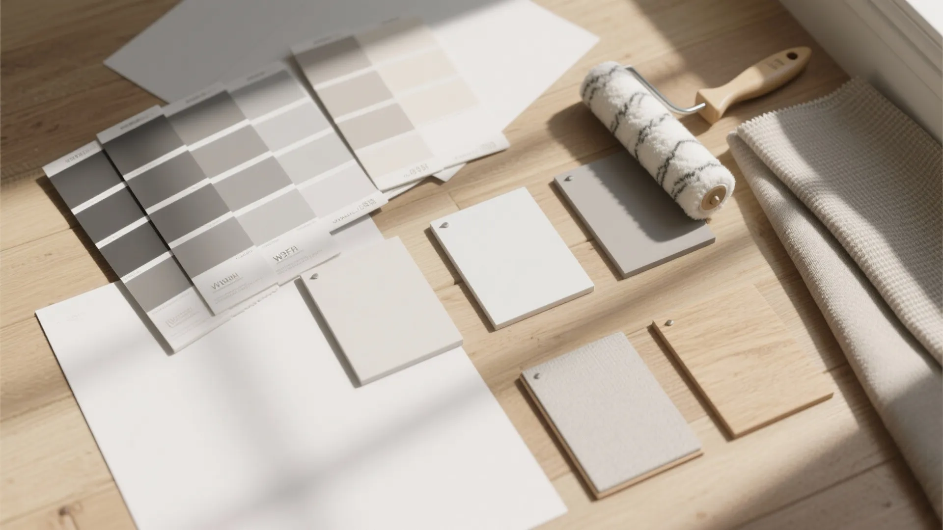 Assorted grey paint color cards with paint roller and fabric on a light wooden floor