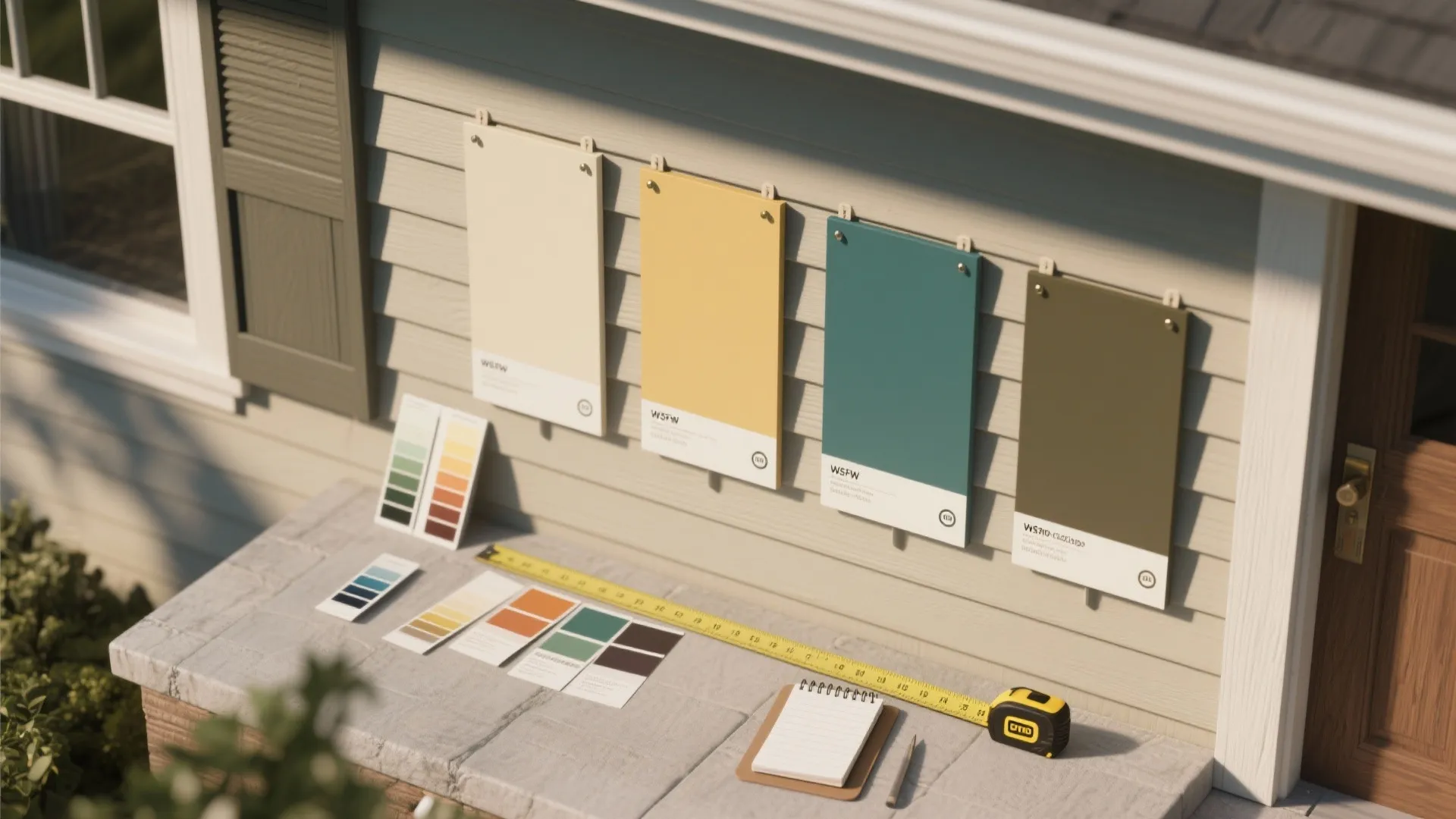 Colorful paint swatches hanging on exterior wall with measuring tape and notebook on a ledge