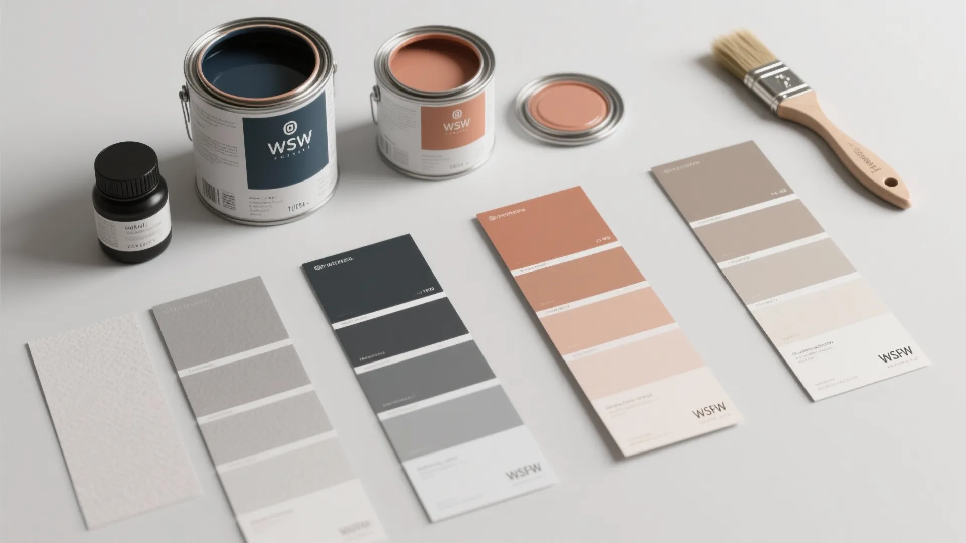 Interior design paint cans and color paper samples on white table with a wood brush