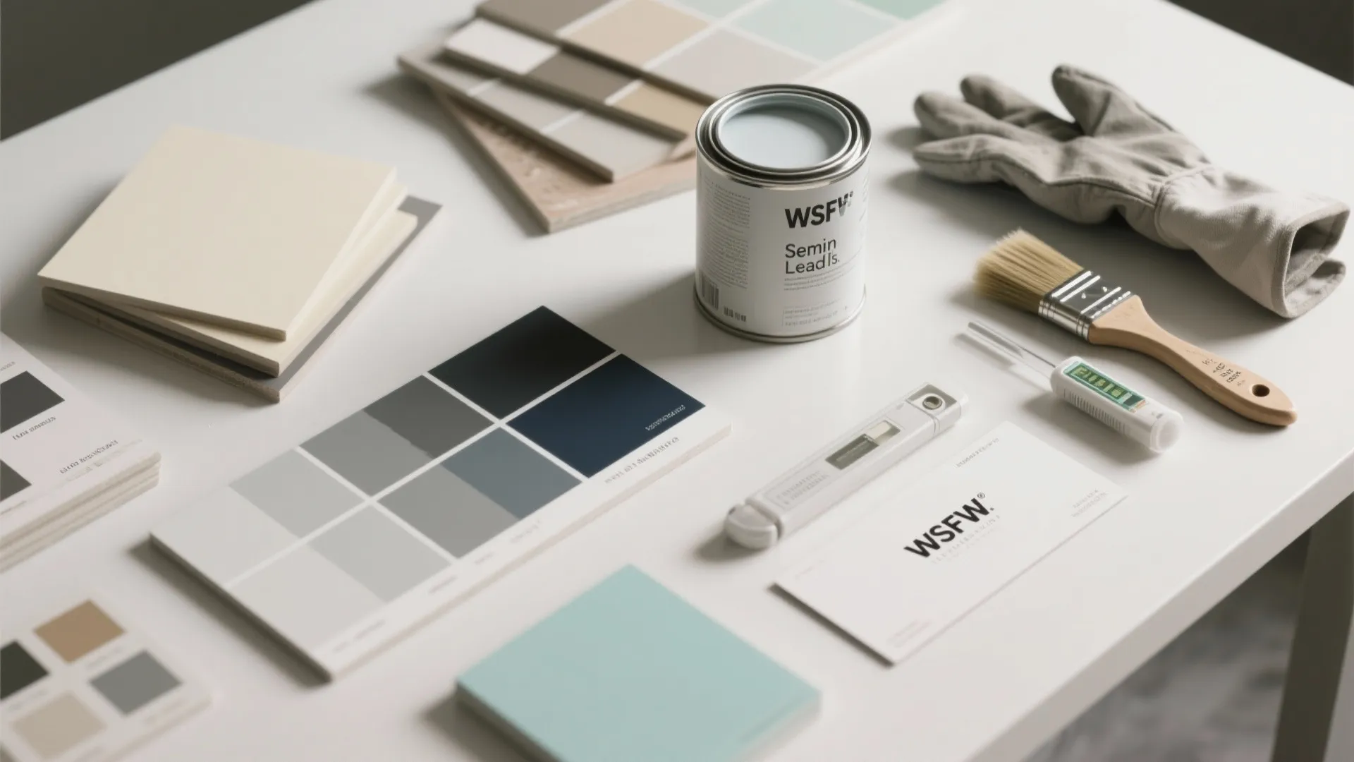 Paint can, color swatches, a paintbrush, and a glove on a clean white work table