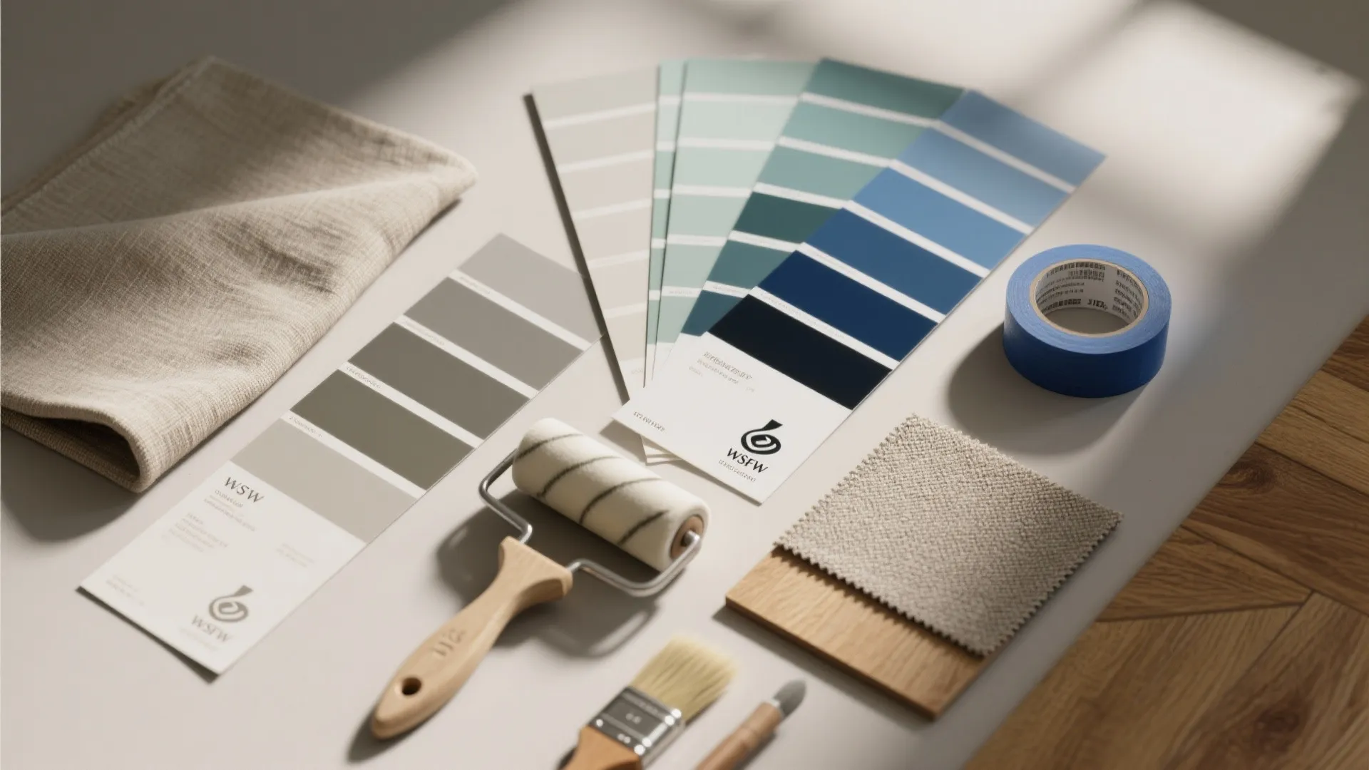 Blue and grey paint swatches with paint roller brushes fabric samples and blue masking tape