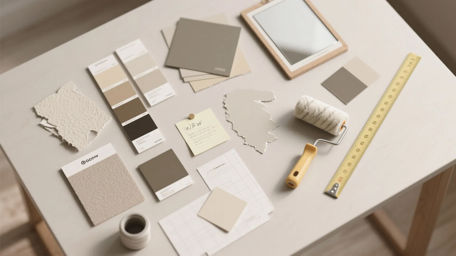 Top-down view of paint swatches, color chips and sample boards for choosing matte finishes in small rooms.