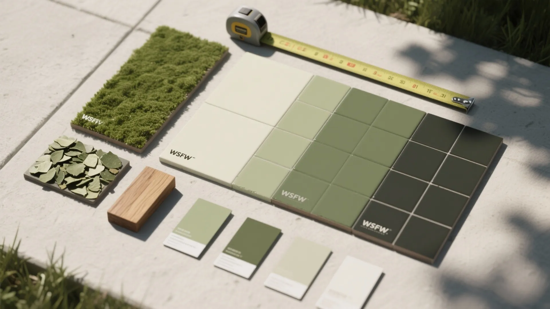Green color samples and material swatches placed on a sidewalk with a yellow measuring tape