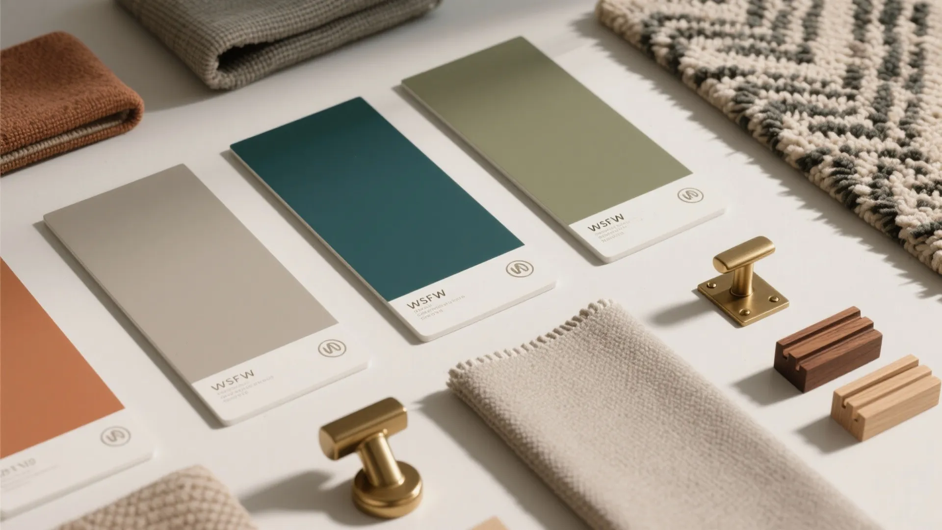 Interior design mood board with green paint cards brass handles fabric samples and patterned rug