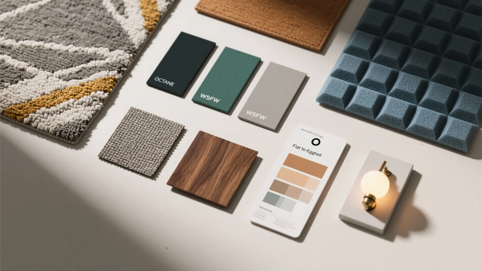 Flatlay of matte paint swatches, acoustic fabric samples and sheen guide for choosing media-room finishes.