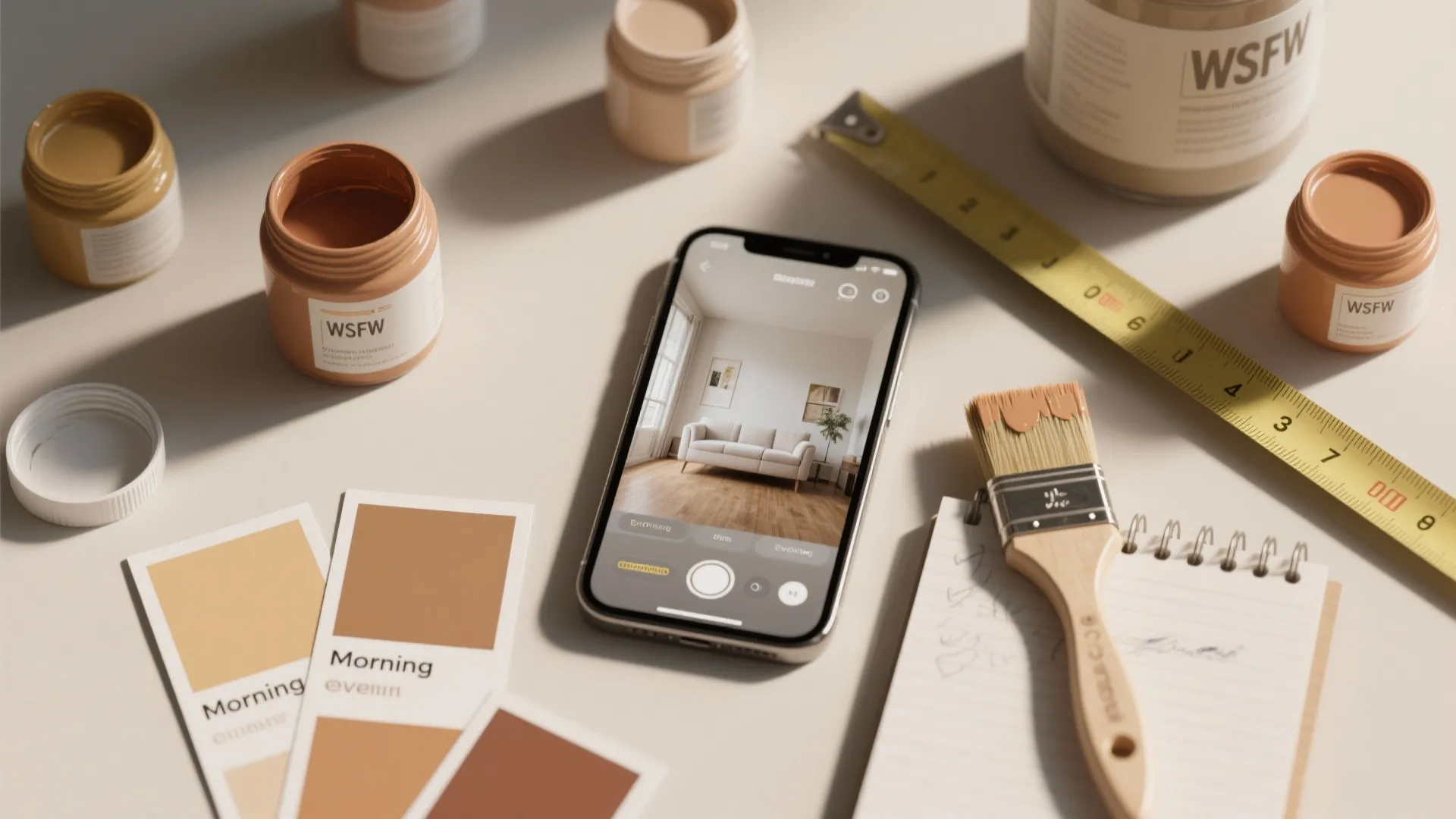 Phone showing room design app with paint jars color cards brush and a measuring tape
