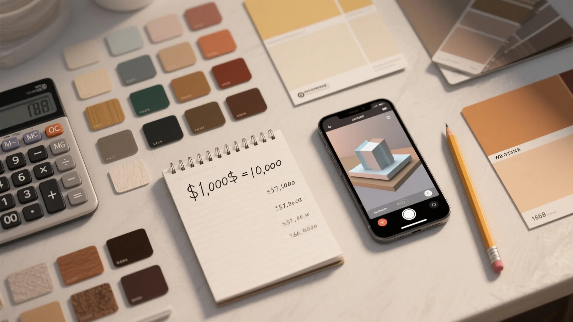 Table with paint color samples a calculator a notepad and a smartphone showing interior design